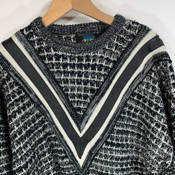 Vintage Black Cream Leather Trimmed 90s Sweater Medium - Picture 3 of 5